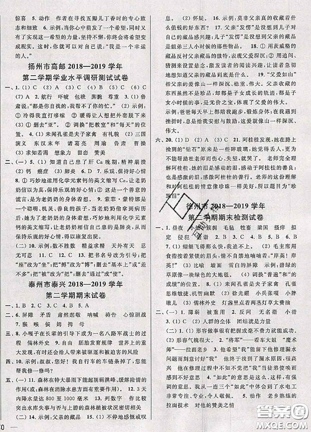 2020年同步跟蹤全程檢測五年級語文下冊人教版答案