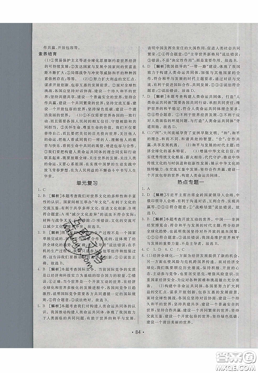 2020年同行學(xué)案學(xué)練測九年級道德與法治下冊人教版答案