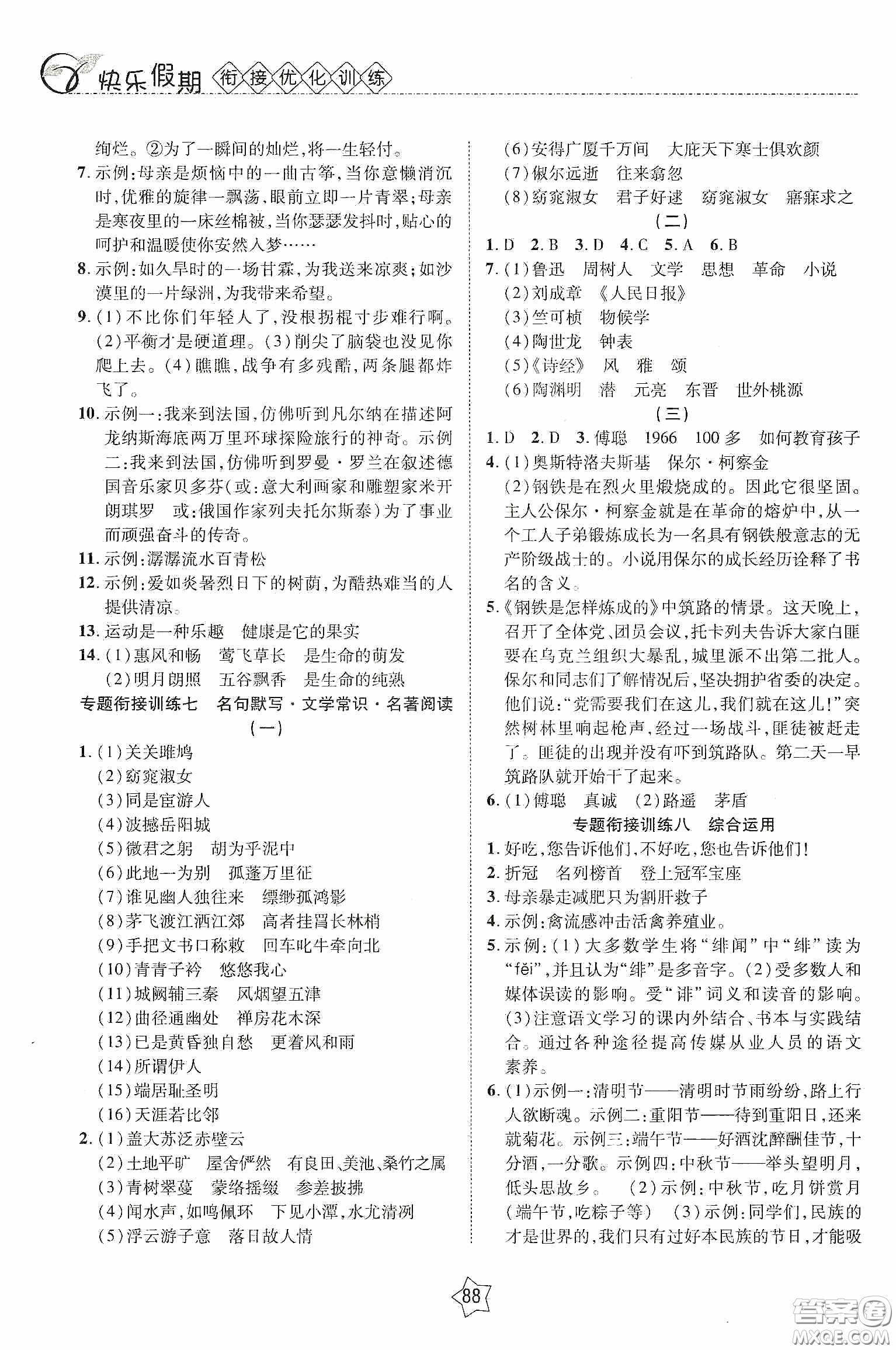 2020快樂(lè)假期銜接優(yōu)化訓(xùn)練暑假語(yǔ)文8升9答案