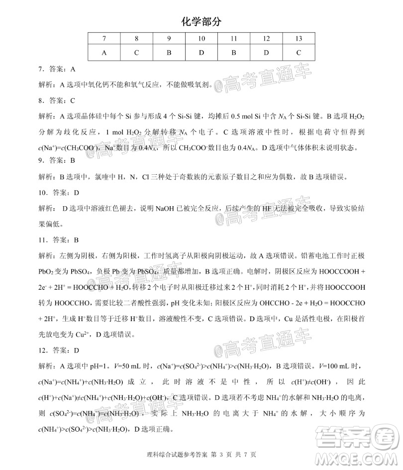 2020年重慶南開中學(xué)6月高考模擬考試?yán)砜凭C合試題及答案