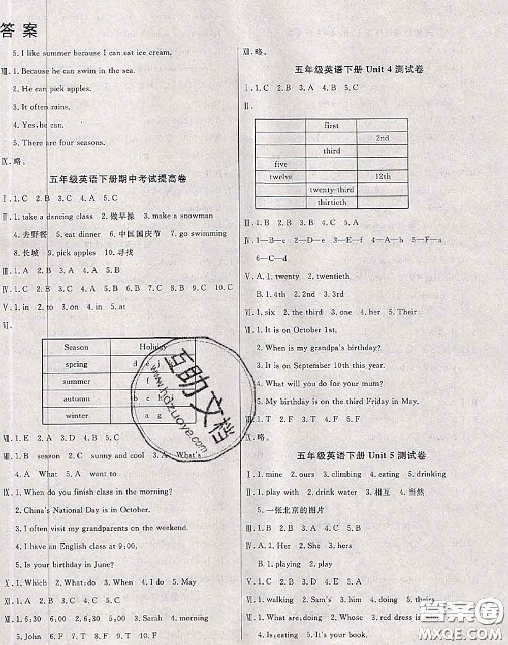 2020年黃岡小博士沖刺100分五年級英語下冊人教版答案