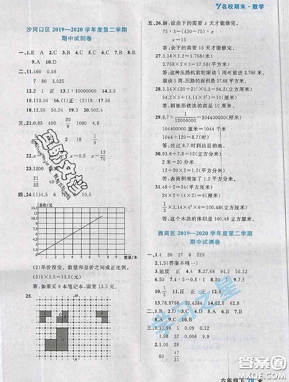 2020年名校期末大連市各區(qū)名校期中期末仿真試卷12套六年級數(shù)學下冊答案