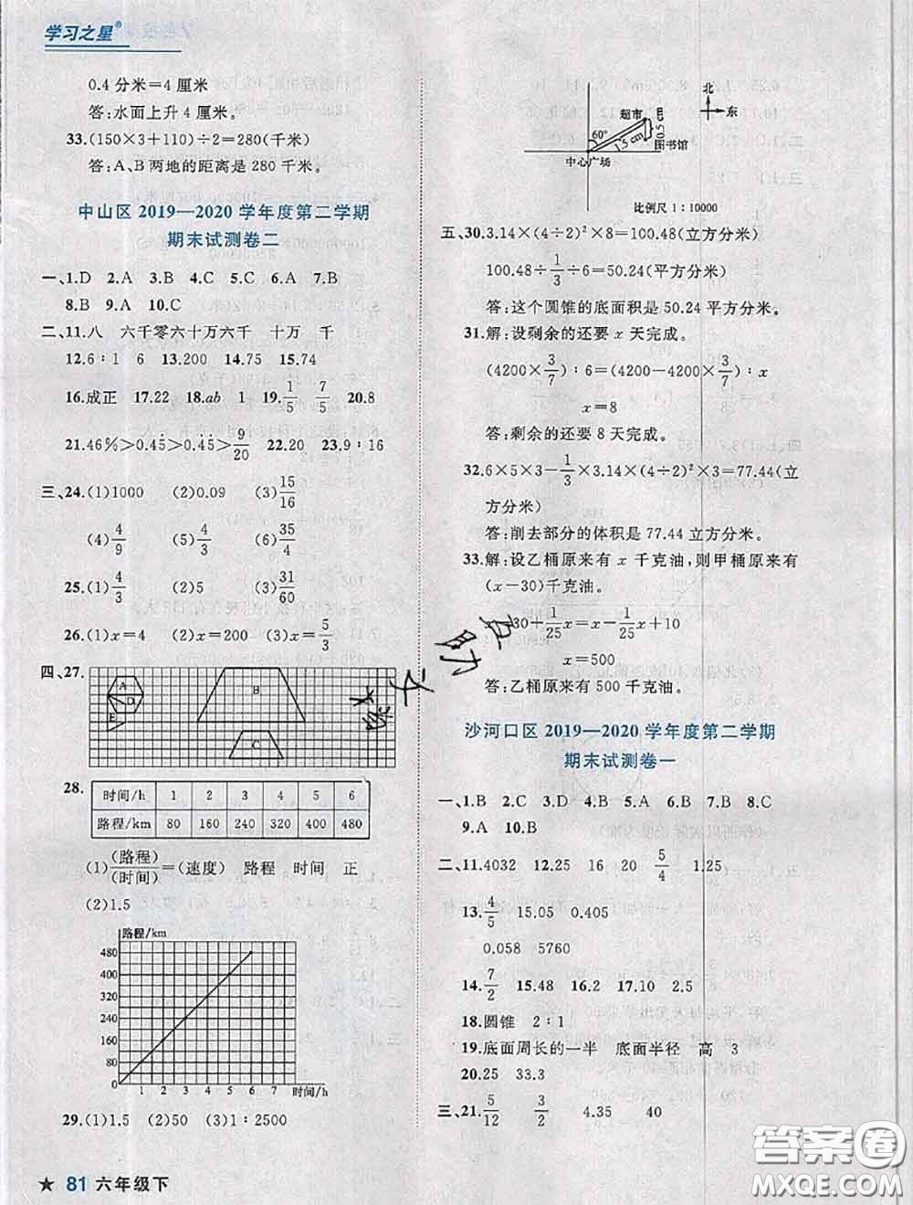 2020年名校期末大連市各區(qū)名校期中期末仿真試卷12套六年級數(shù)學下冊答案