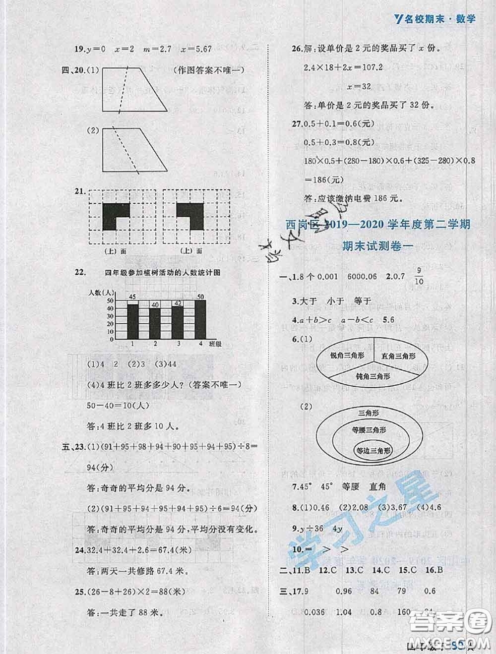 2020年名校期末大連市各區(qū)名校期中期末仿真試卷12套四年級數學下冊答案