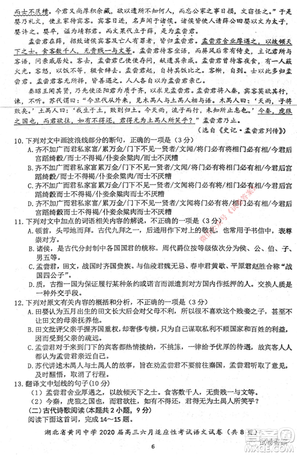 黃岡中學2020屆高三適應(yīng)性考試最后一卷語文試題及答案