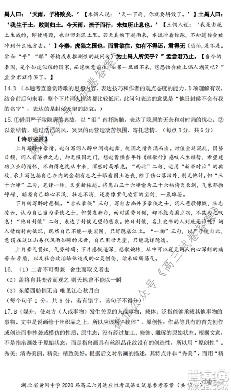 黃岡中學2020屆高三適應(yīng)性考試最后一卷語文試題及答案