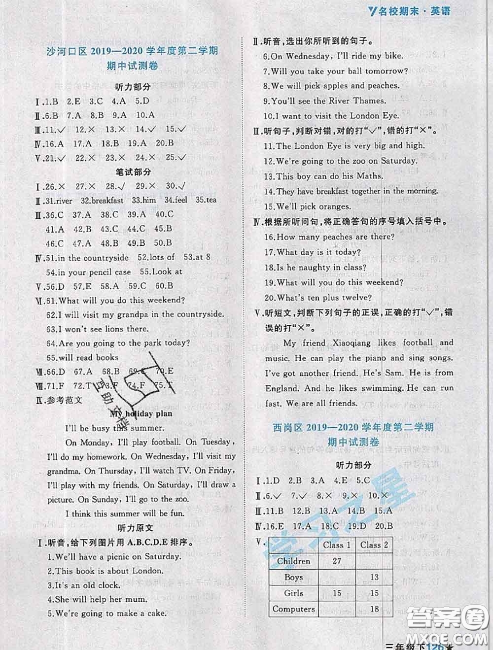 2020年名校期末大連市各區(qū)名校期中期末仿真試卷12套三年級英語下冊答案