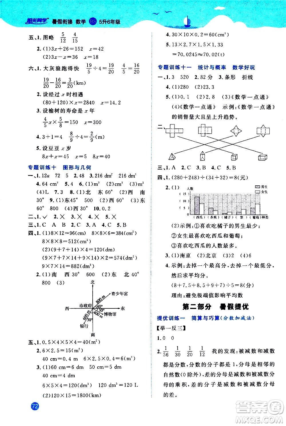 2020年陽光同學(xué)暑假銜接5升6數(shù)學(xué)BS北師版參考答案