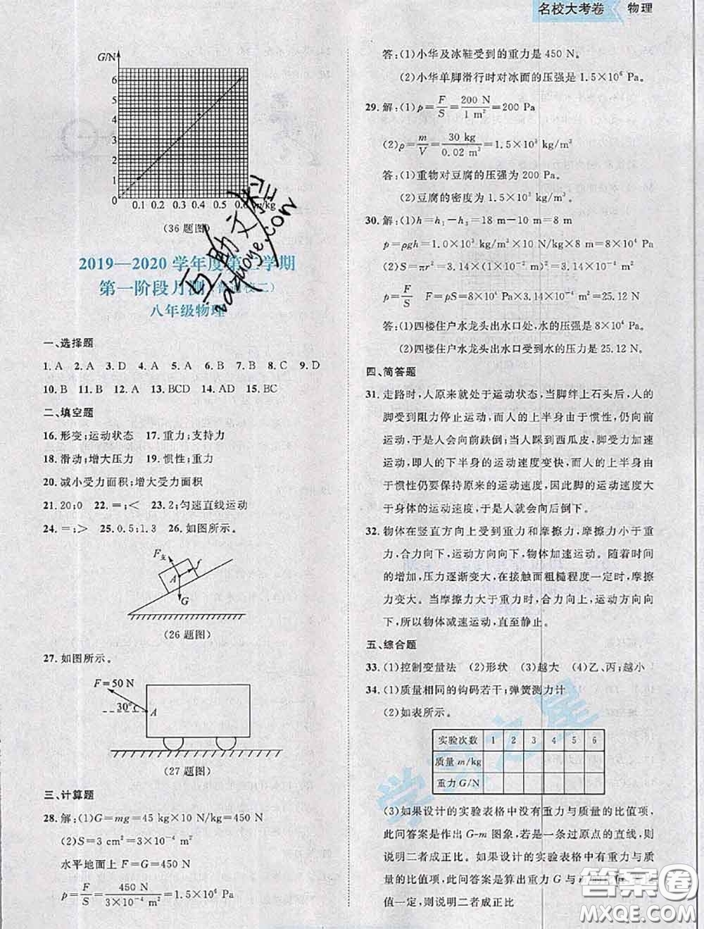 2020年名校大考卷大連市各區(qū)名校月考期中期末考試19套八年級物理下冊答案