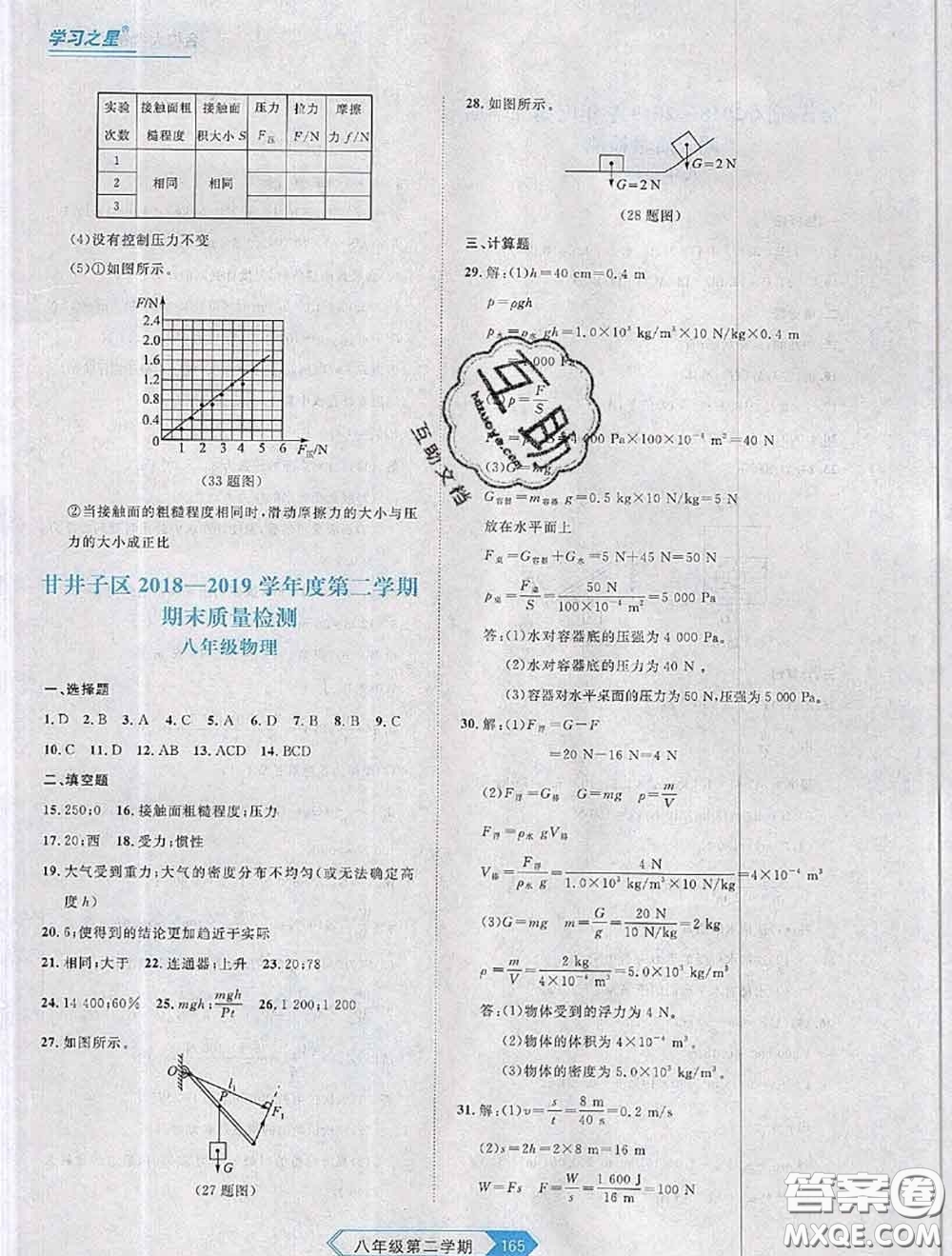2020年名校大考卷大連市各區(qū)名校月考期中期末考試19套八年級物理下冊答案