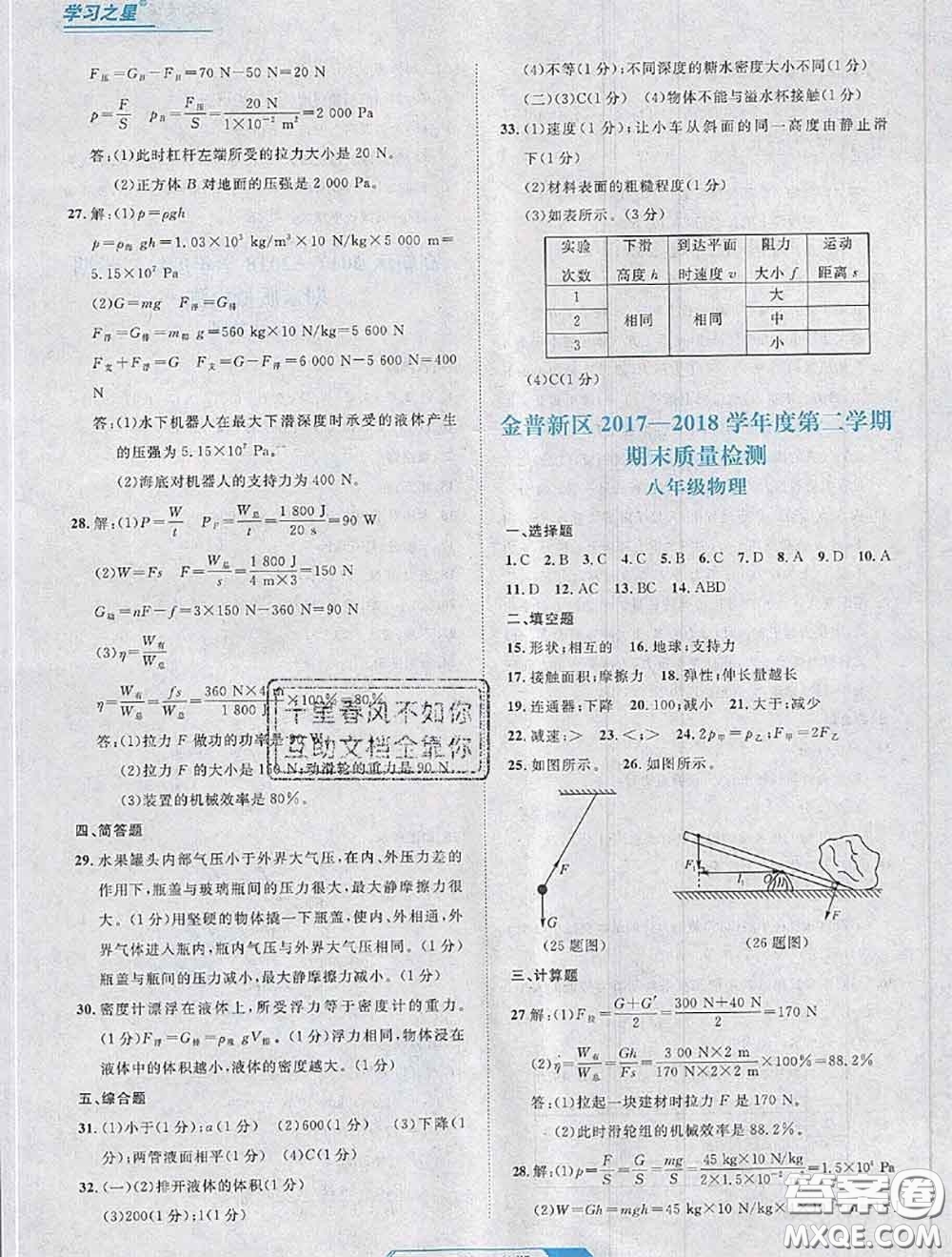 2020年名校大考卷大連市各區(qū)名校月考期中期末考試19套八年級物理下冊答案