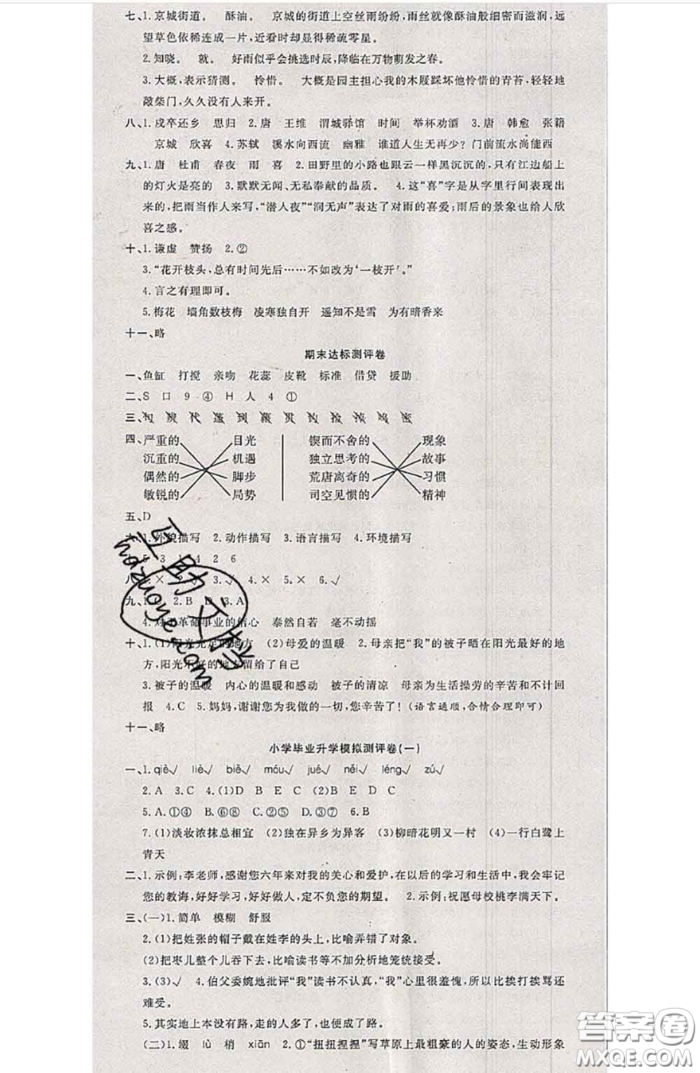 南方出版社2020狀元大考卷六年級(jí)語文下冊(cè)人教版答案