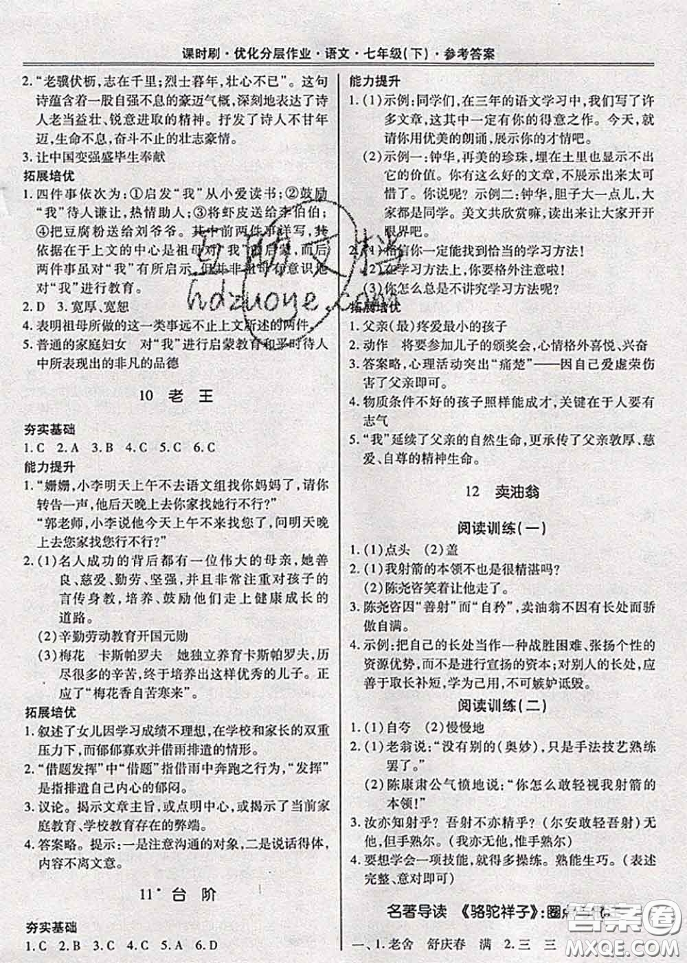 2020年課時刷優(yōu)化分層作業(yè)七年級語文下冊人教版答案