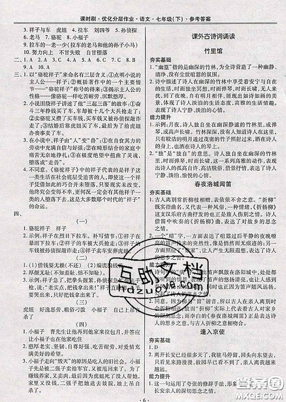 2020年課時刷優(yōu)化分層作業(yè)七年級語文下冊人教版答案