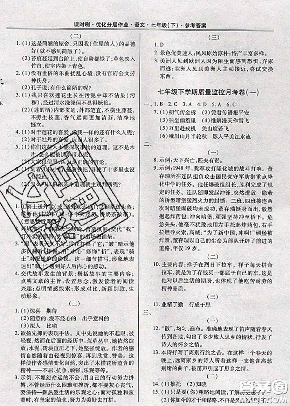 2020年課時刷優(yōu)化分層作業(yè)七年級語文下冊人教版答案