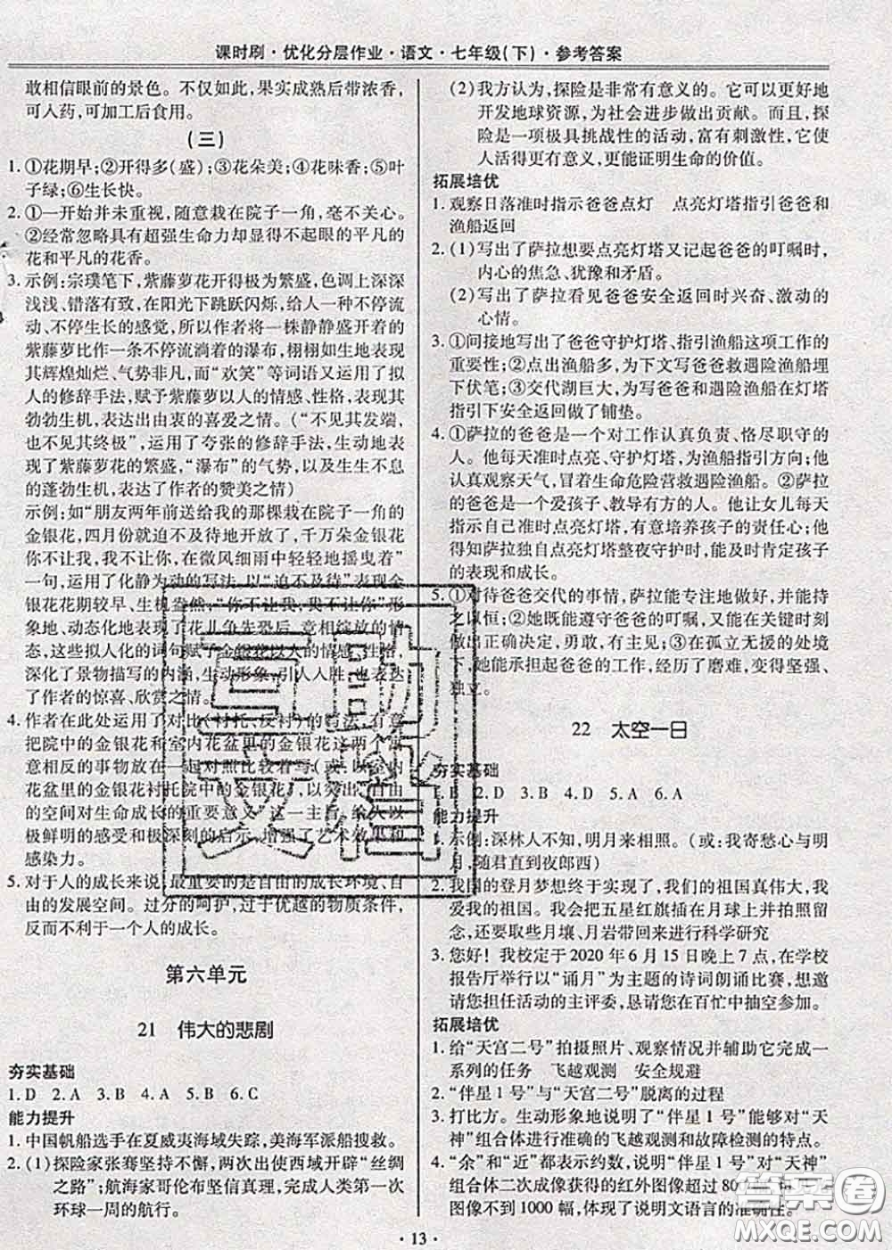 2020年課時刷優(yōu)化分層作業(yè)七年級語文下冊人教版答案