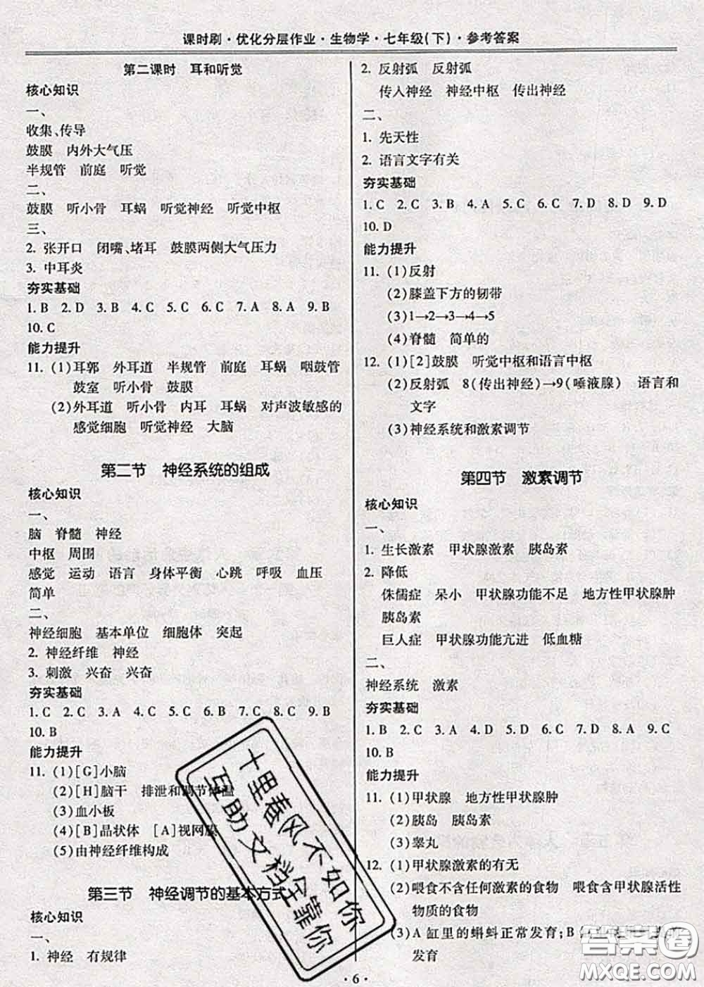 2020年課時(shí)刷優(yōu)化分層作業(yè)七年級(jí)生物下冊人教版答案