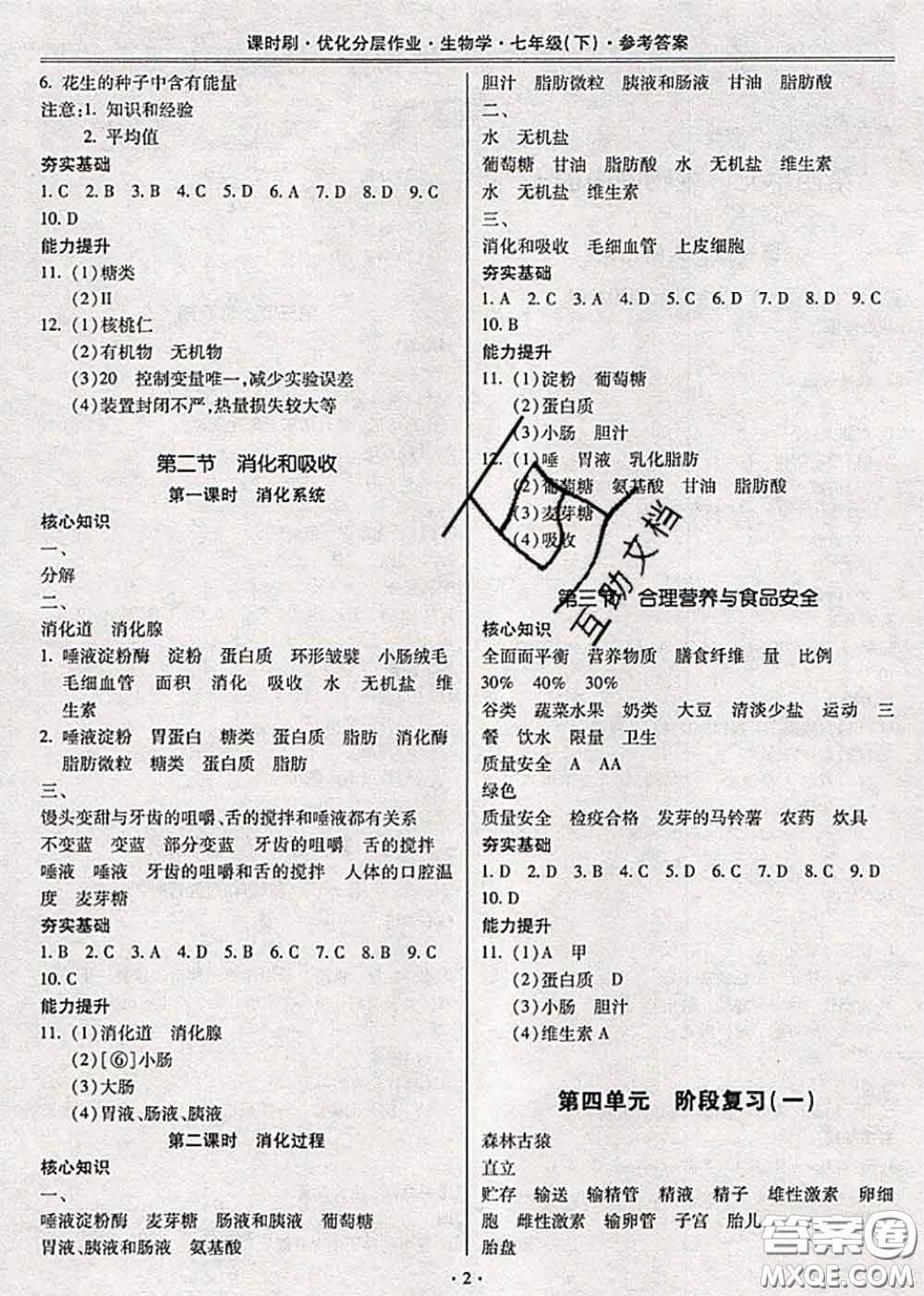 2020年課時(shí)刷優(yōu)化分層作業(yè)七年級(jí)生物下冊人教版答案