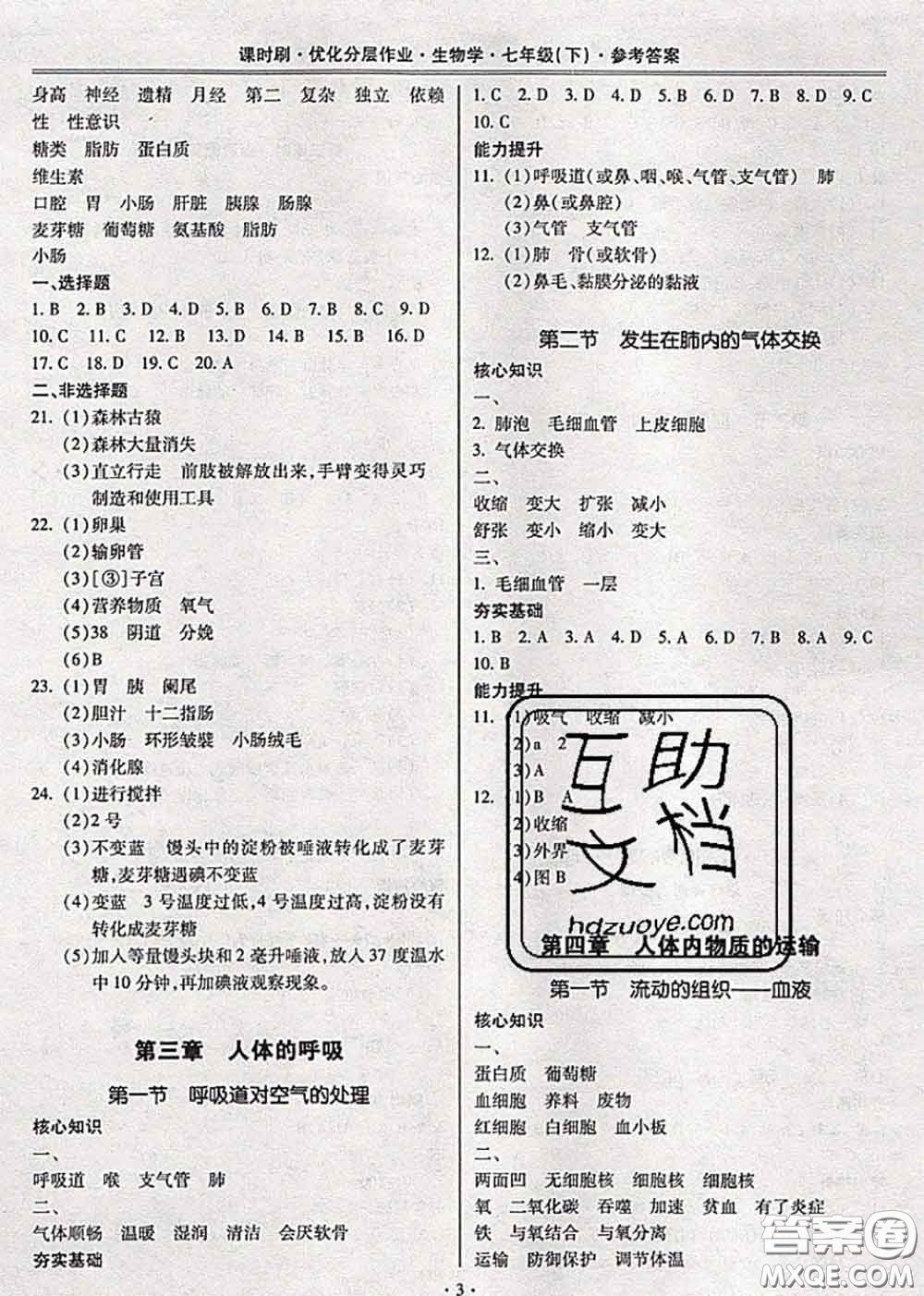 2020年課時(shí)刷優(yōu)化分層作業(yè)七年級(jí)生物下冊人教版答案