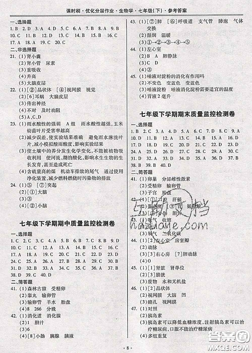 2020年課時(shí)刷優(yōu)化分層作業(yè)七年級(jí)生物下冊人教版答案