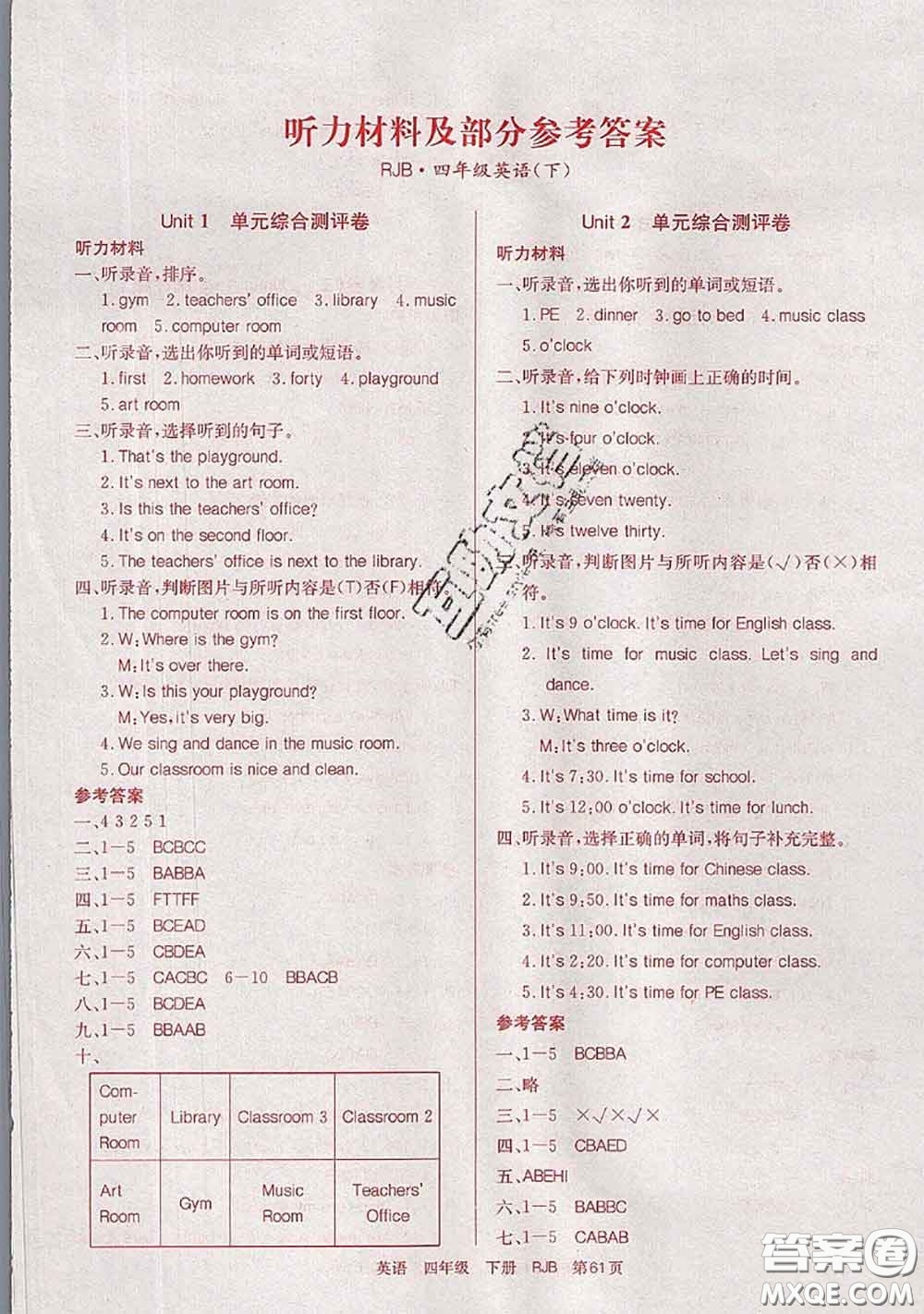 2020年優(yōu)優(yōu)好卷單元測評卷四年級英語下冊人教版答案