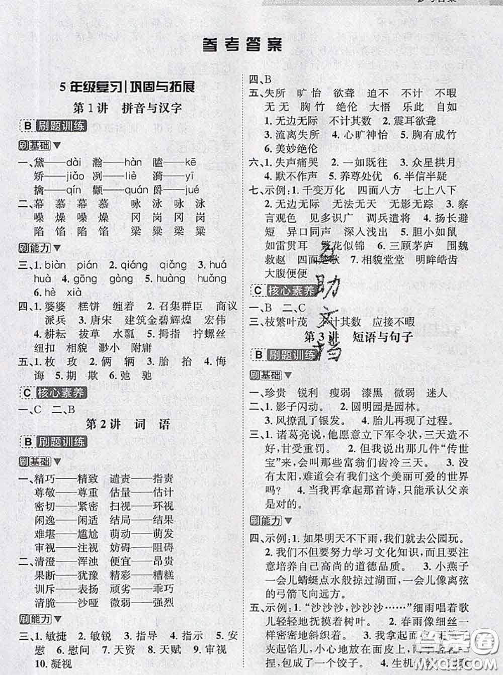 寧波出版社2020新版名師派暑假銜接五升六語(yǔ)文答案