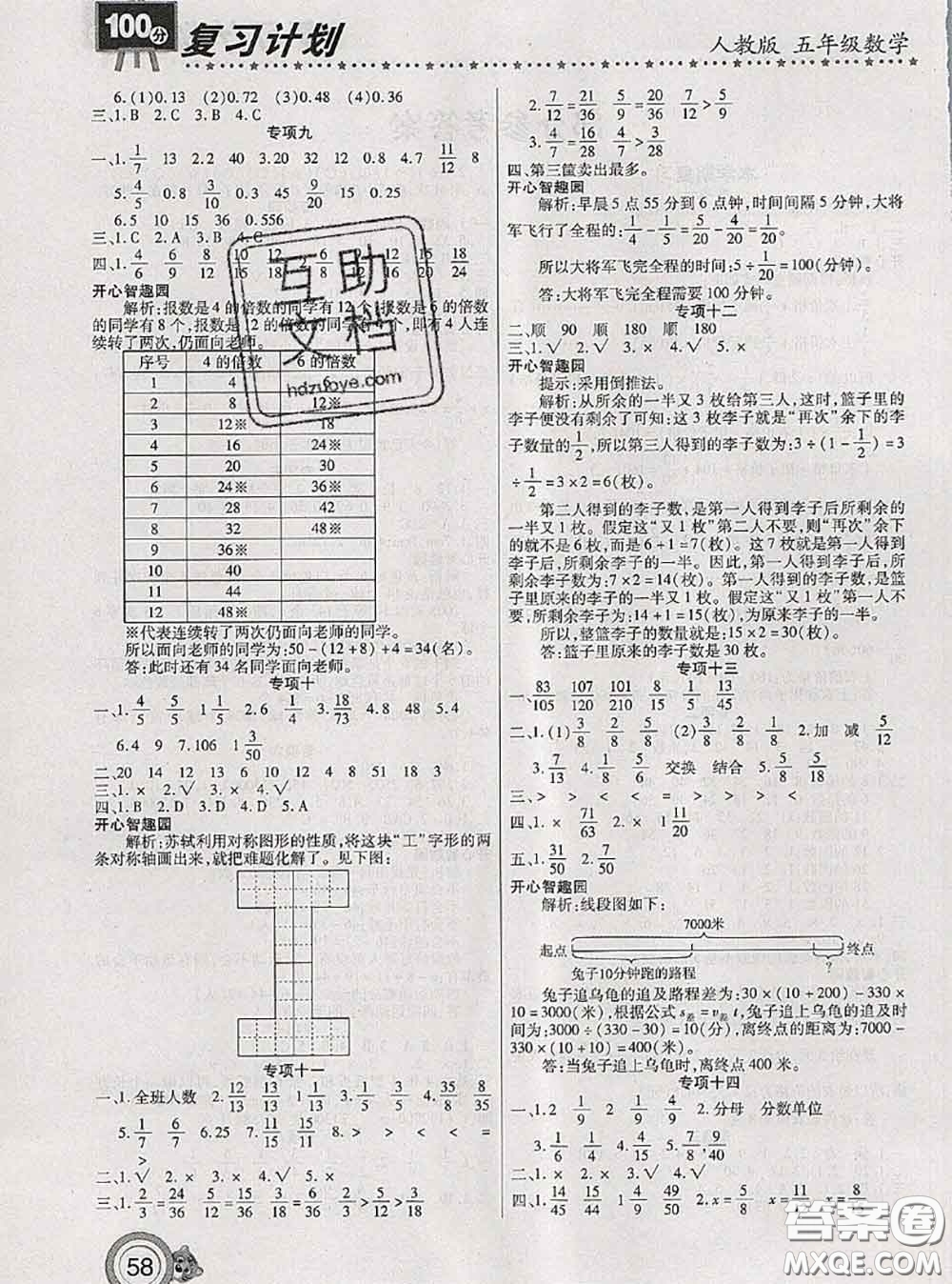 2020年復(fù)習(xí)計劃100分期末暑假銜接五年級數(shù)學(xué)人教版答案