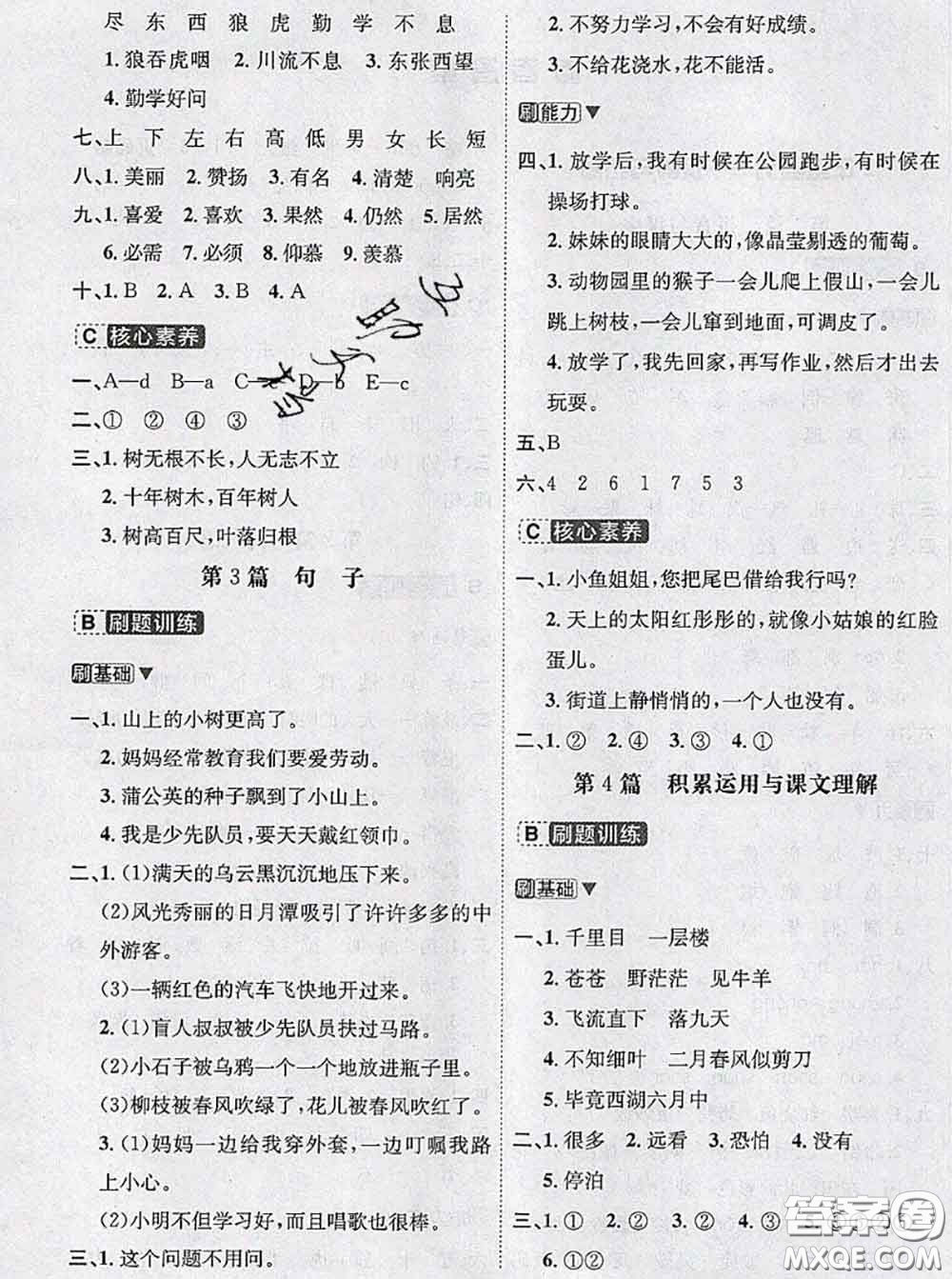 寧波出版社2020新版名師派暑假銜接二升三語文答案