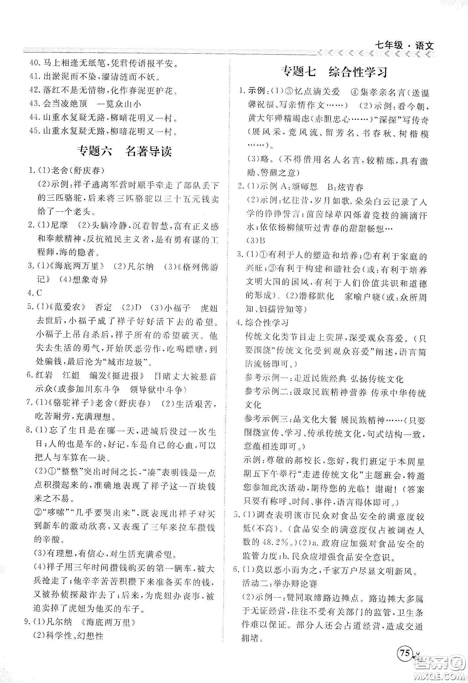 南方出版社2020假期沖冠學(xué)期系統(tǒng)復(fù)習(xí)預(yù)習(xí)銜接七年級(jí)語文答案