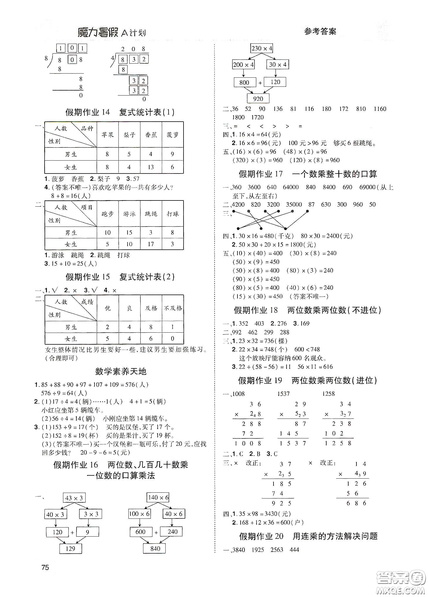 宇恒文化2020魔力暑假A計(jì)劃三年級(jí)數(shù)學(xué)人教版答案