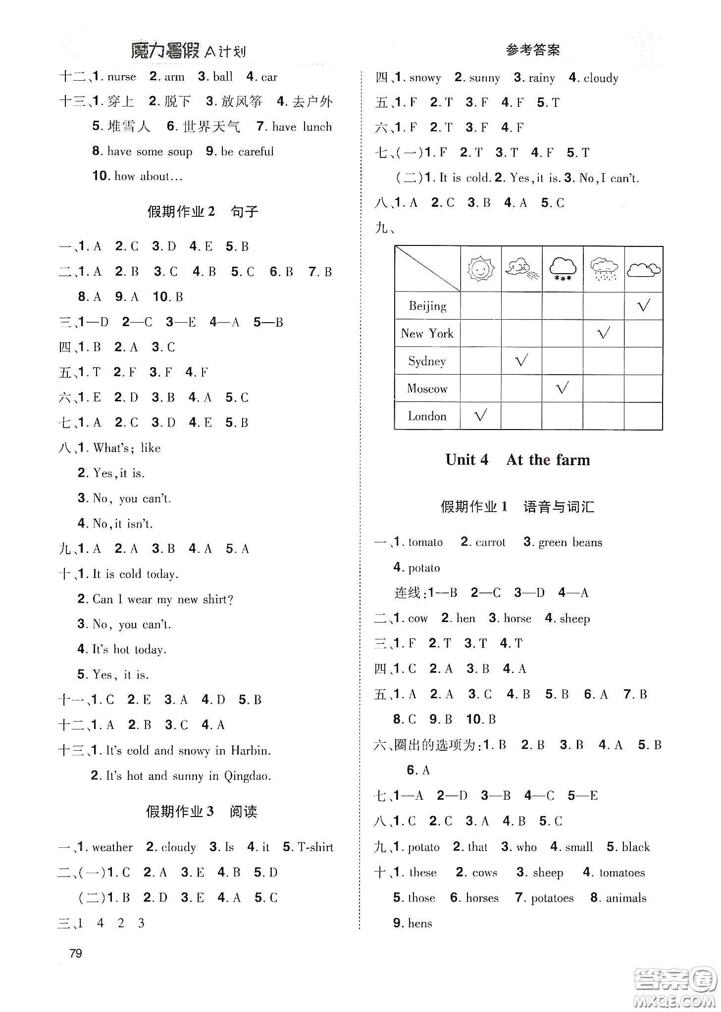 宇恒文化2020魔力暑假A計(jì)劃四年級(jí)英語(yǔ)人教版答案