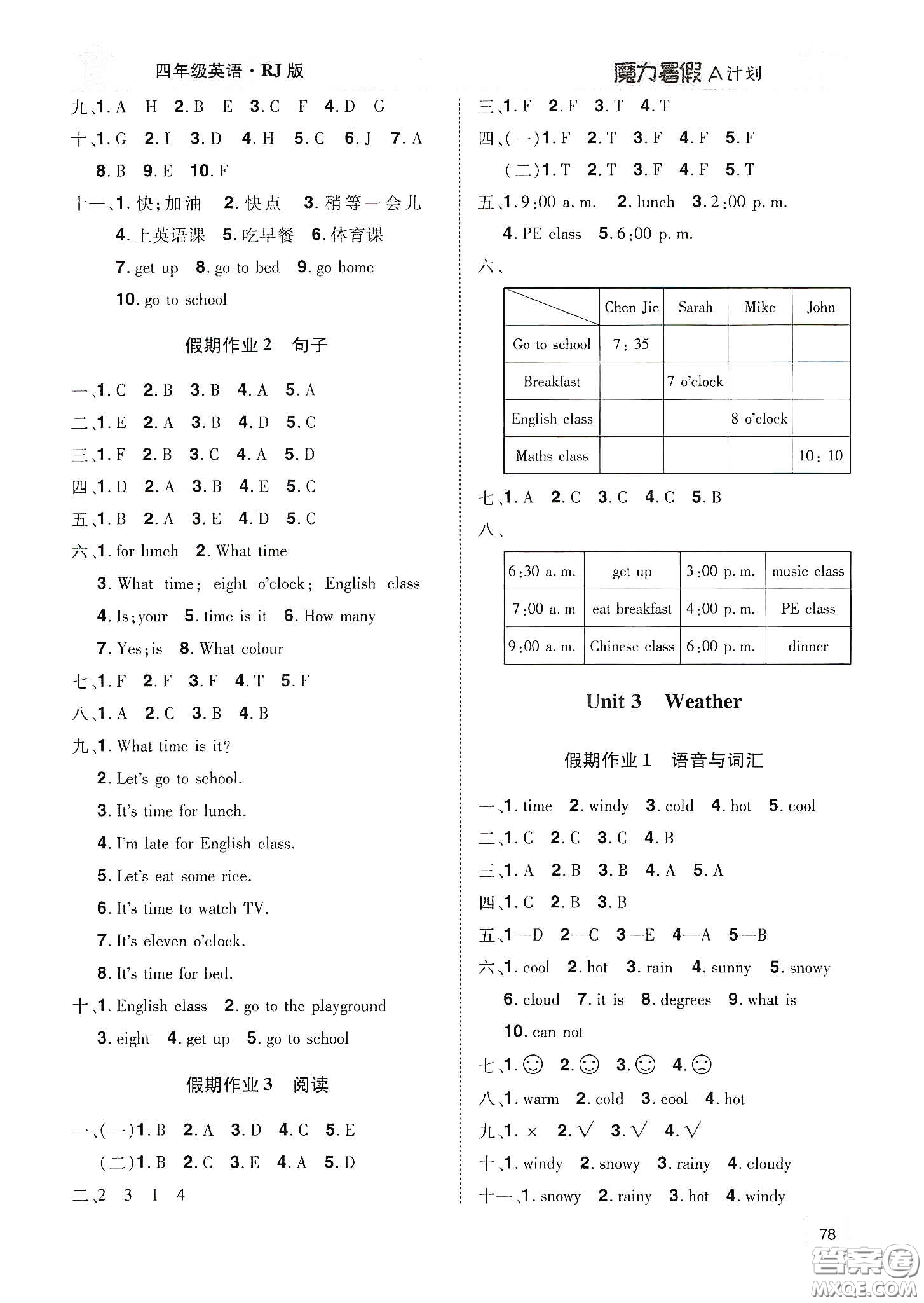宇恒文化2020魔力暑假A計(jì)劃四年級(jí)英語(yǔ)人教版答案