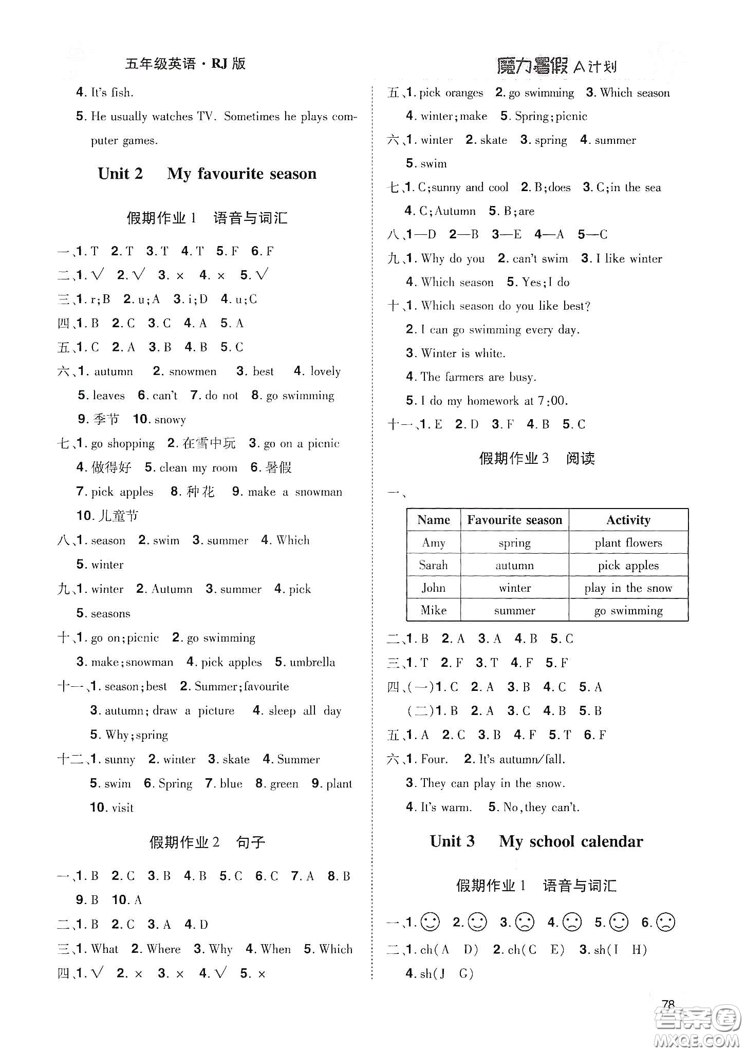 宇恒文化2020魔力暑假A計(jì)劃五年級英語人教版答案