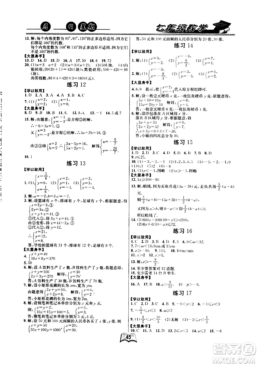 云南人民出版社2020年優(yōu)等生快樂暑假七年級數學課標版參考答案