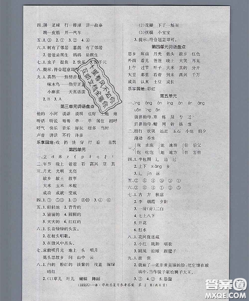 長(zhǎng)江出版社2020年優(yōu)生樂(lè)園學(xué)期總復(fù)習(xí)暑假一年級(jí)語(yǔ)文部編版答案