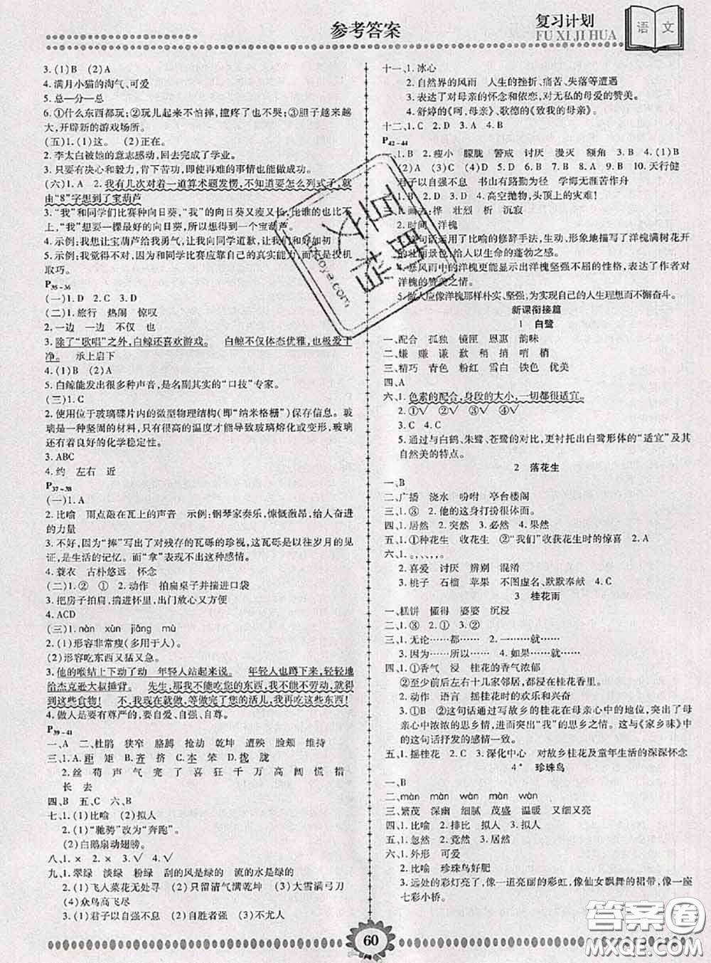 2020年金牌題庫快樂假期復習計劃暑假作業(yè)四年級語文人教版答案