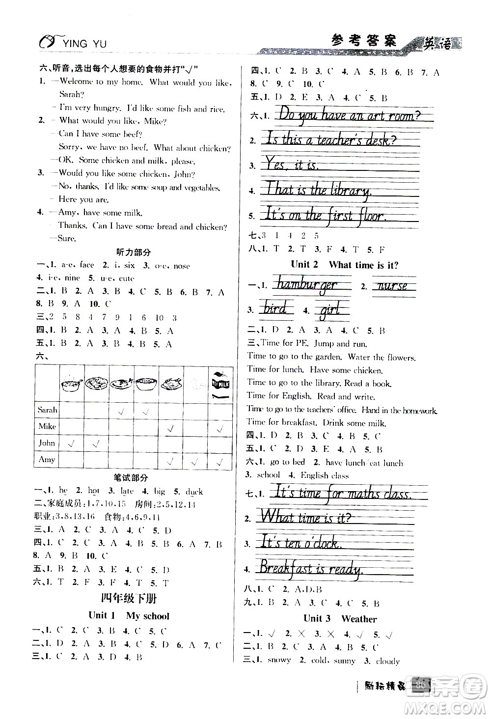 延邊人民出版社2020年勵(lì)耘書業(yè)暑假銜接4升5英語(yǔ)人教版參考答案