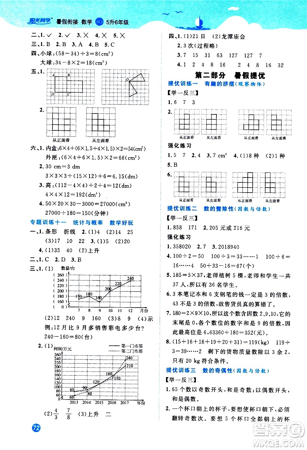 2020年陽光同學暑假銜接5升6數學RJ人教版參考答案