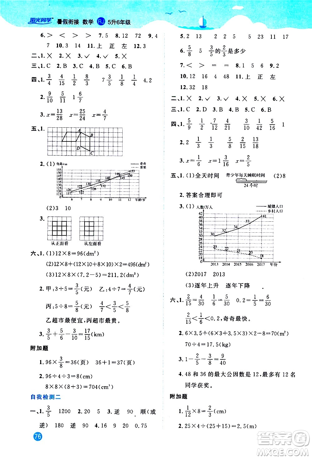 2020年陽光同學暑假銜接5升6數學RJ人教版參考答案