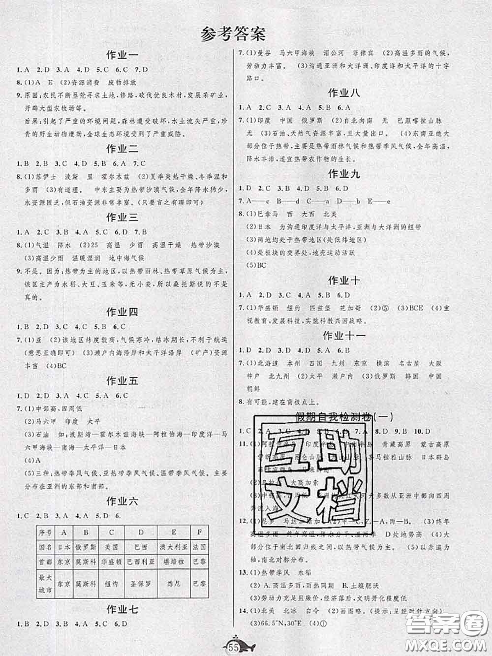 武漢大學出版社2020年績優(yōu)課堂快樂暑假七年級地理湘教版答案