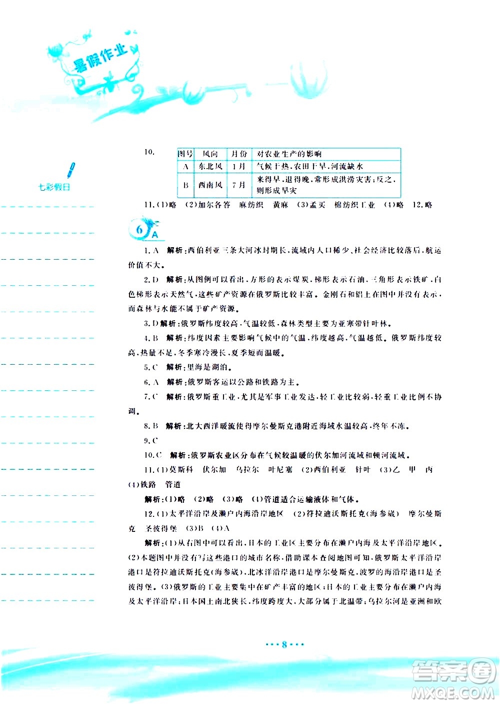 安徽教育出版社2020年暑假作業(yè)七年級地理商務(wù)星球版參考答案