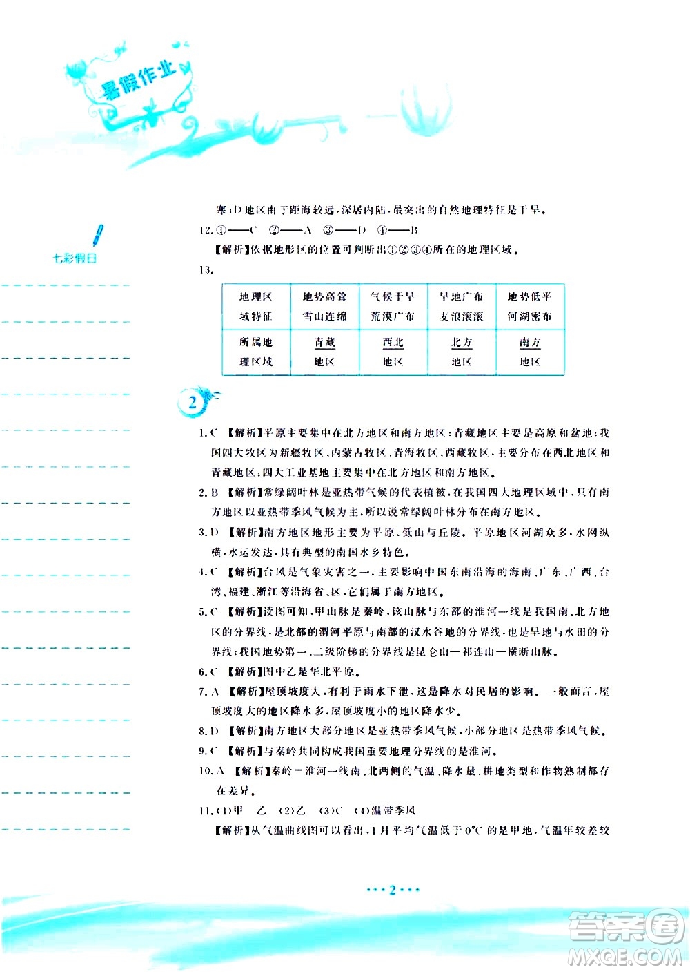 安徽教育出版社2020年暑假作業(yè)八年級(jí)地理人教版參考答案