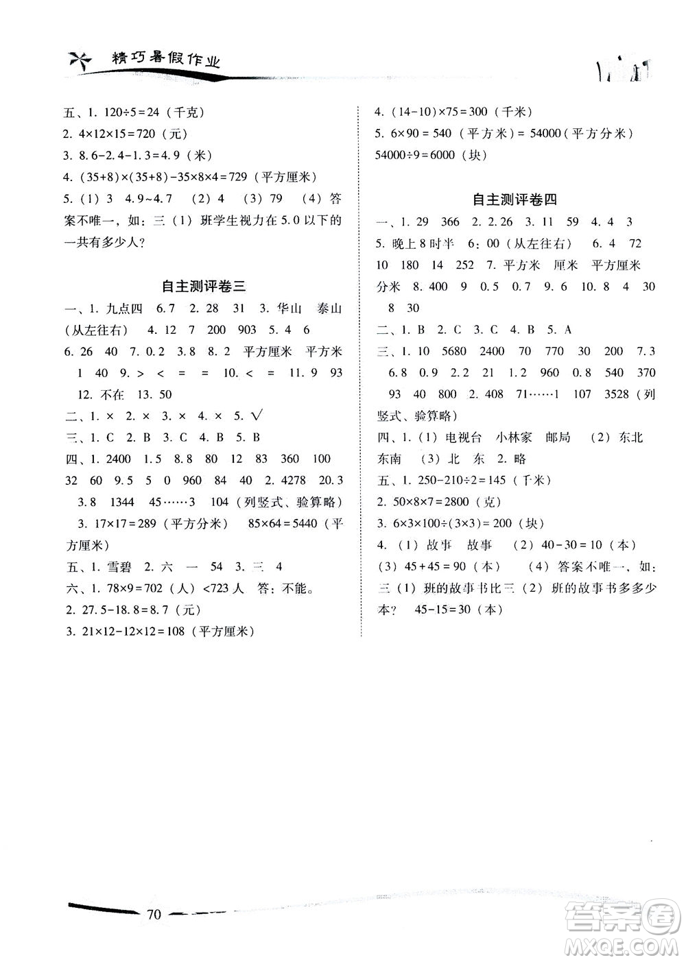 云南美術出版社2021精巧暑假作業(yè)數(shù)學三年級RJ人教版答案