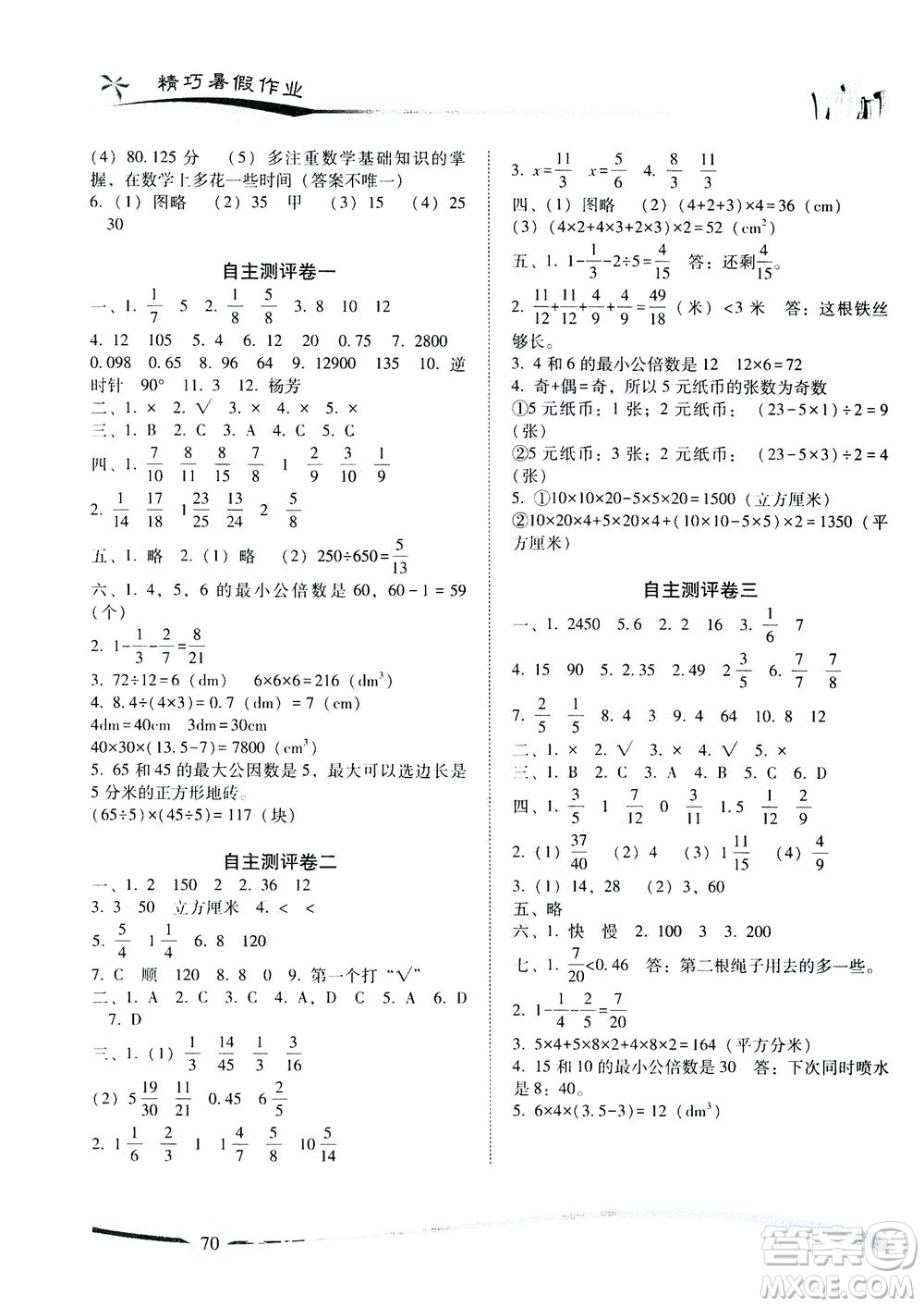 云南美術(shù)出版社2020年精巧暑假作業(yè)數(shù)學(xué)五年級RJ人教版參考答案