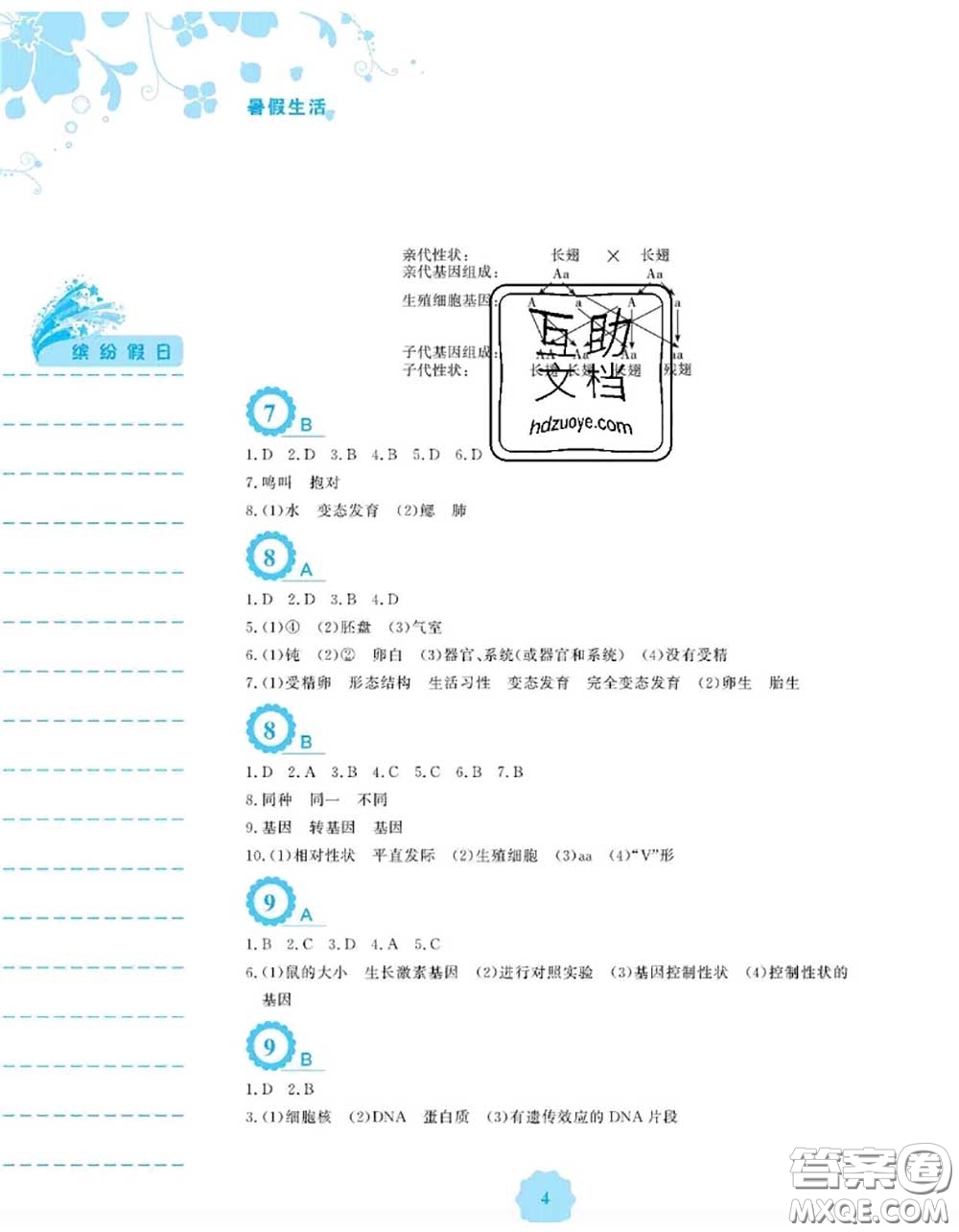 安徽教育出版社2020年暑假生活八年級生物人教版答案