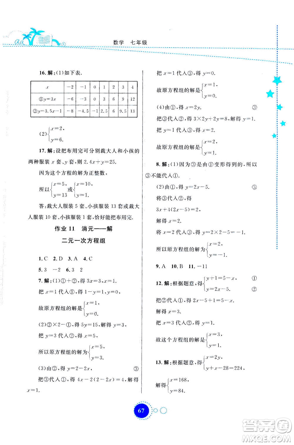 云南教育出版社2020年云教金榜暑假作業(yè)七年級(jí)數(shù)學(xué)參考答案
