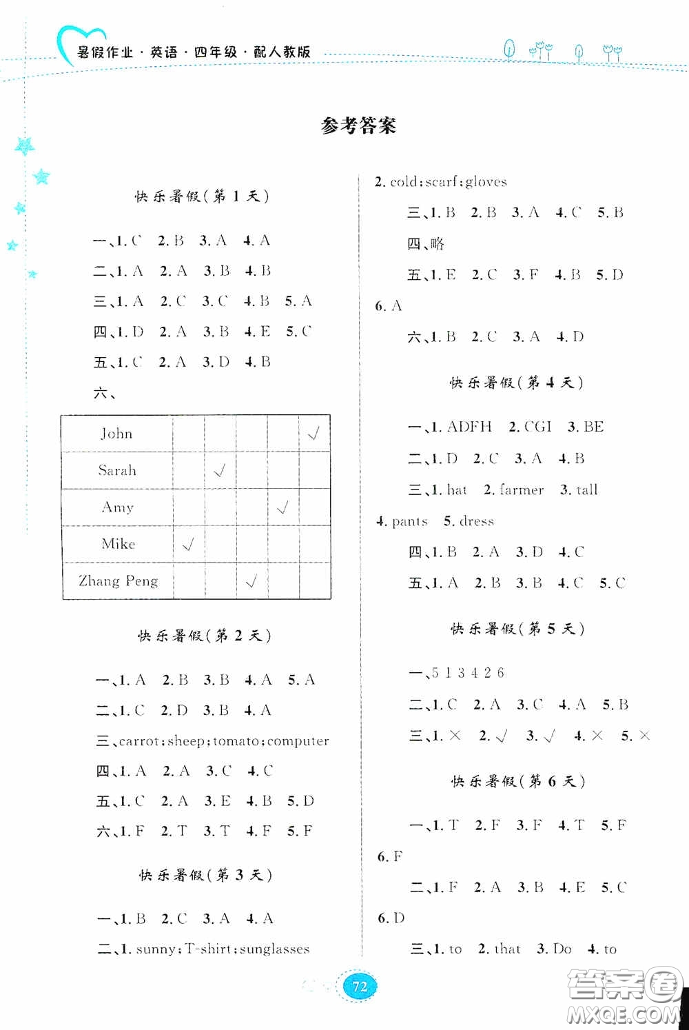 貴州人民出版社2020暑假作業(yè)四年級(jí)英語(yǔ)人教版答案