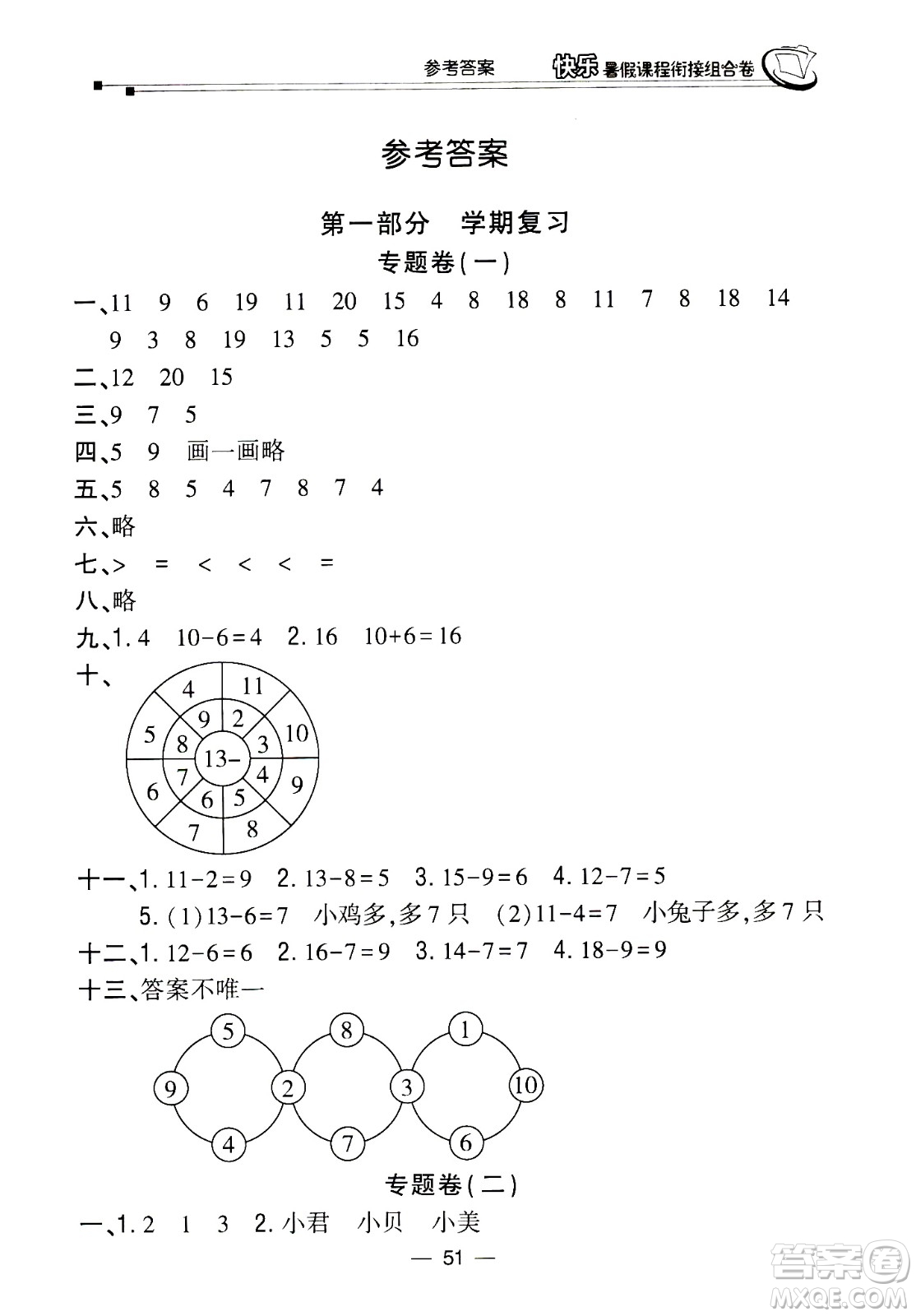甘肅少年兒童出版社2020年快樂暑假課程銜接組合卷數(shù)學一年級北師大版參考答案