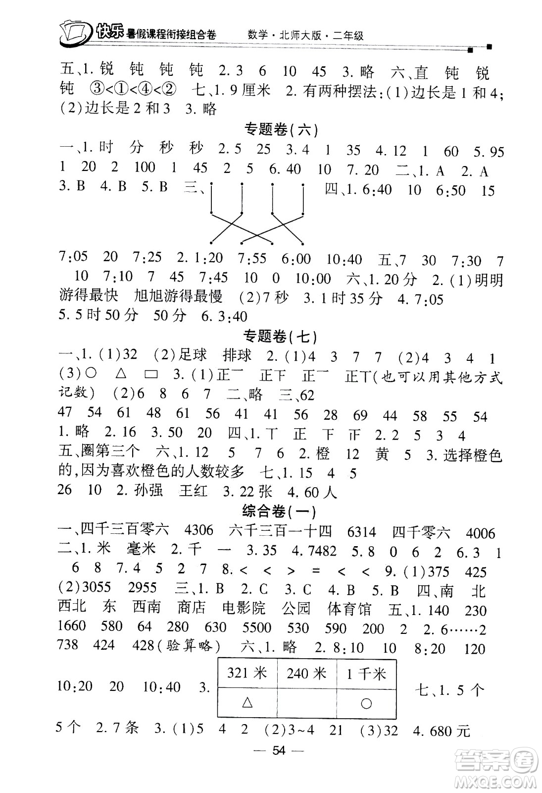 甘肅少年兒童出版社2020年快樂(lè)暑假課程銜接組合卷數(shù)學(xué)二年級(jí)北師大版參考答案
