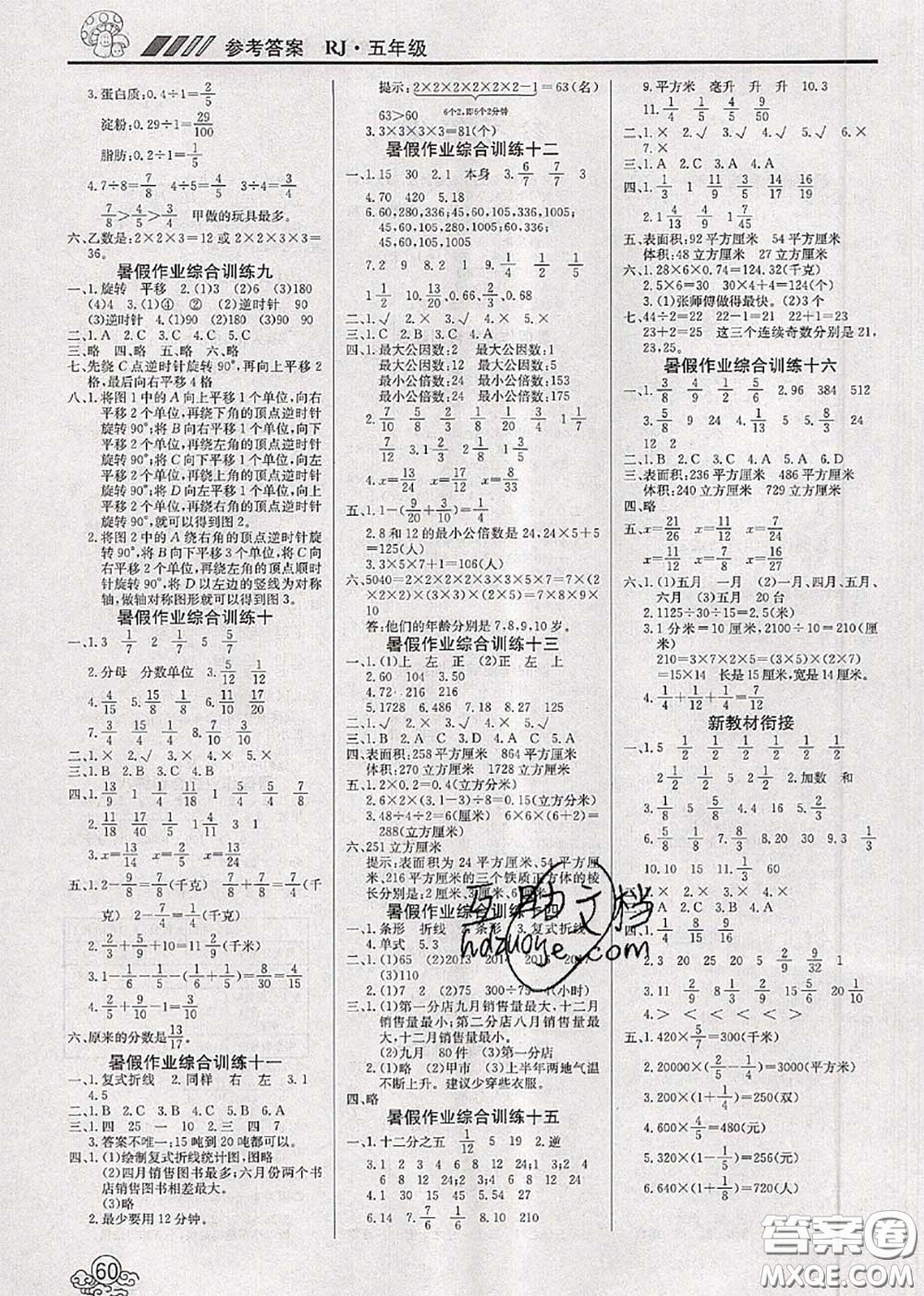 2020年年度總復習快樂假期暑假作業(yè)五升六數學人教版參考答案